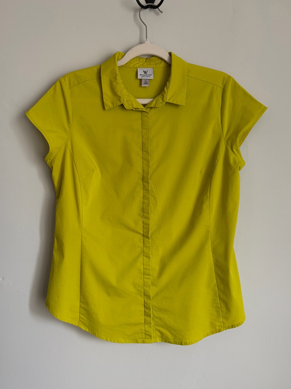 Worthington Petite Stretch Button Front Blouse Lime Green Chartreuse PL